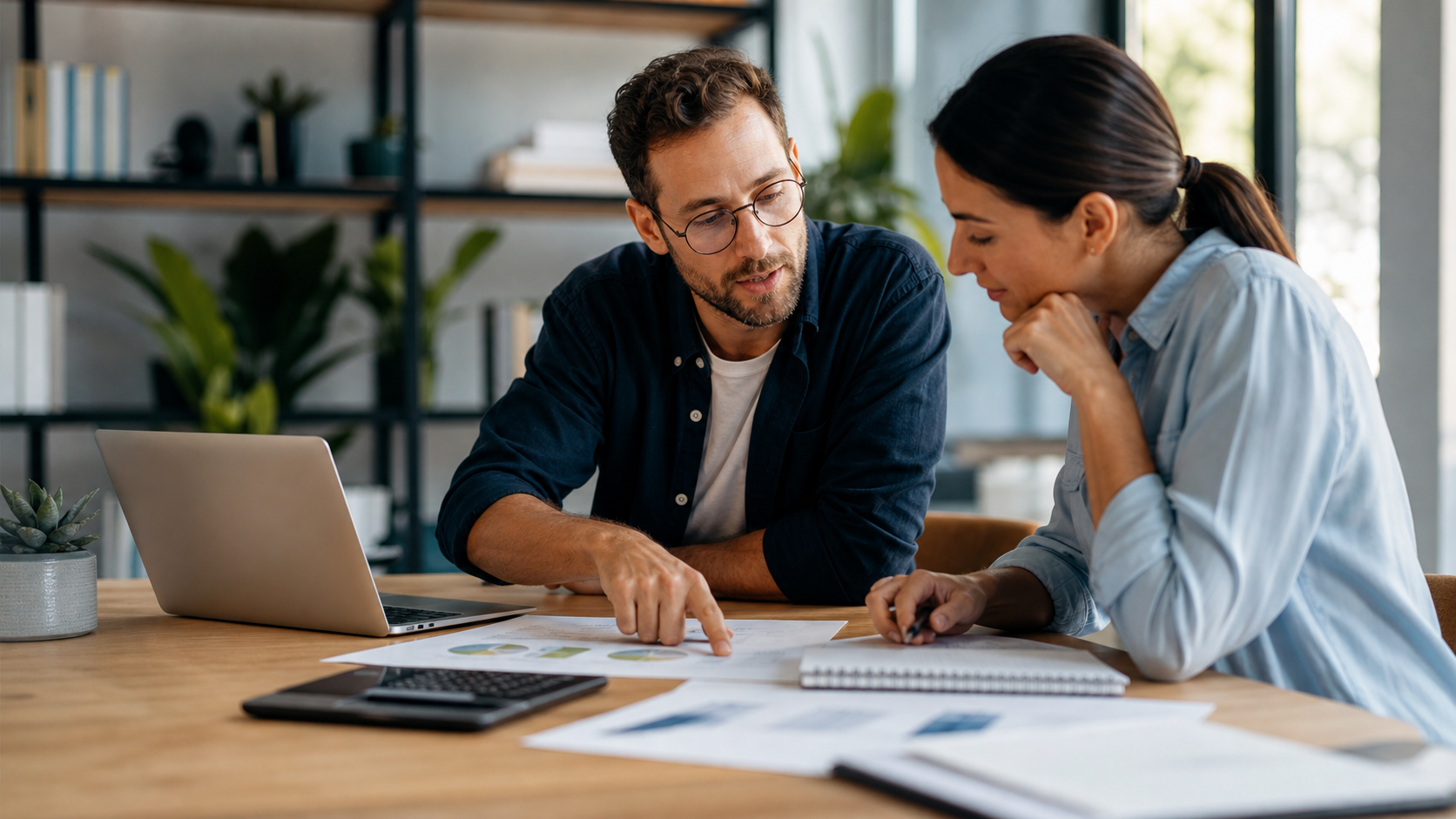 Mentor analisando documentos de precificação em uma mesa de trabalho.